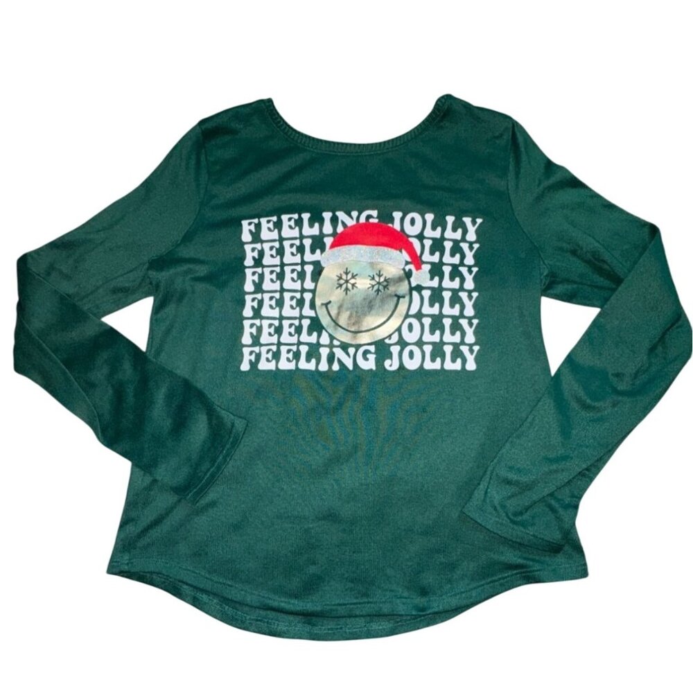 SO Girls "Feeling Jolly" Knit Holiday Shirt-Green-Size 14/16